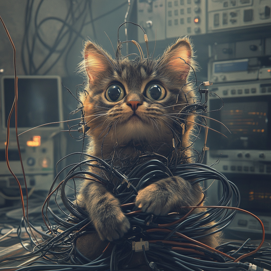 Confused Cat Tangled in Cables on Messy Desk.