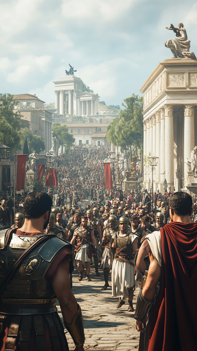 Confused Roman soldiers and citizens in ancient Rome scene.