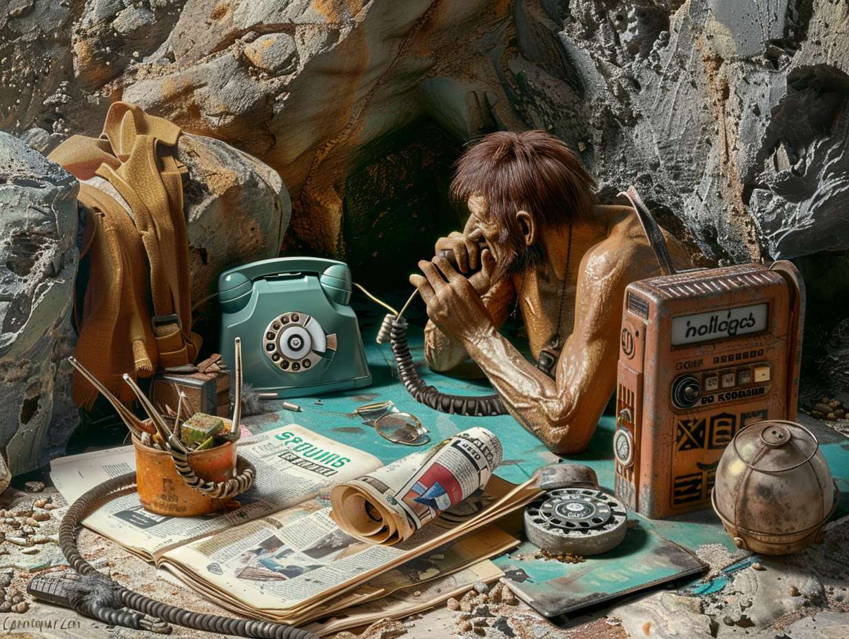 Confused caveman examines ancient products from future - 6.0