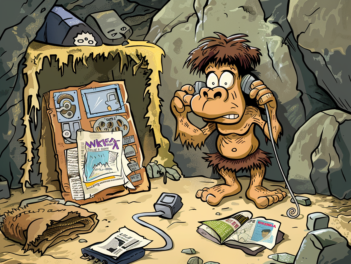 Confused caveman examines old products from time machine.