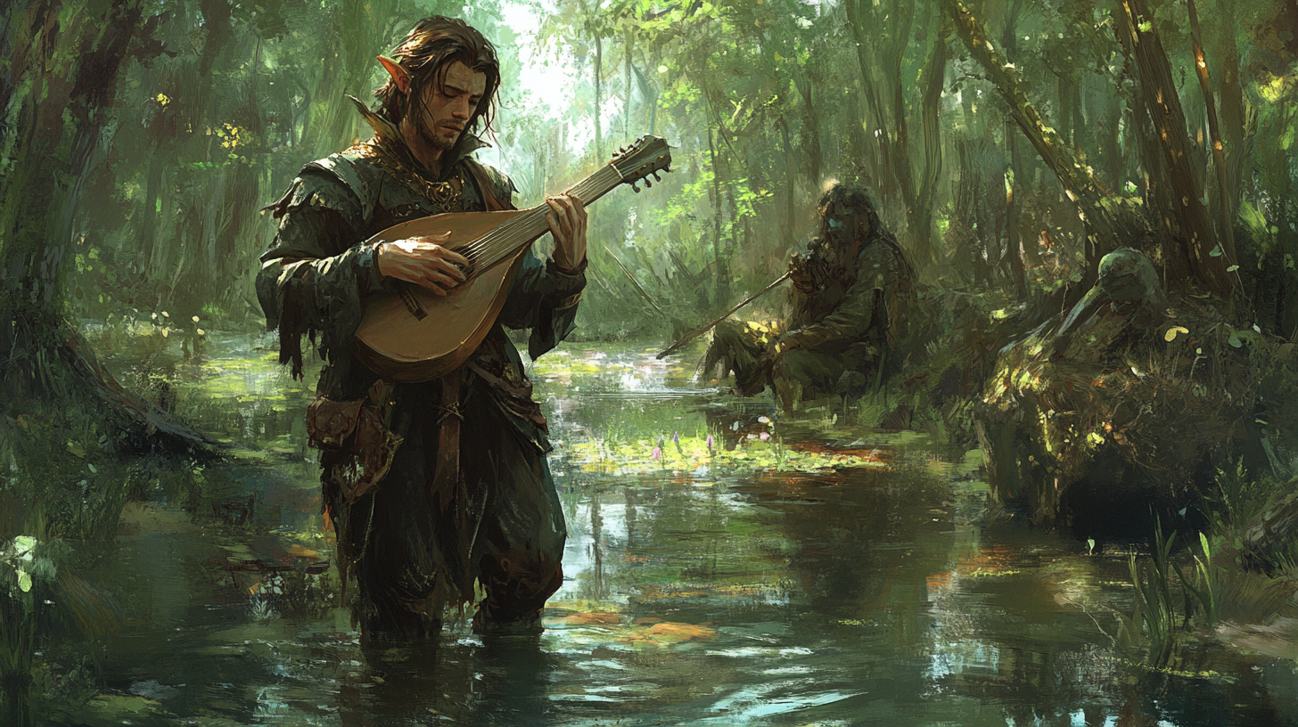 Confused elf bard stands in soggy swamp.