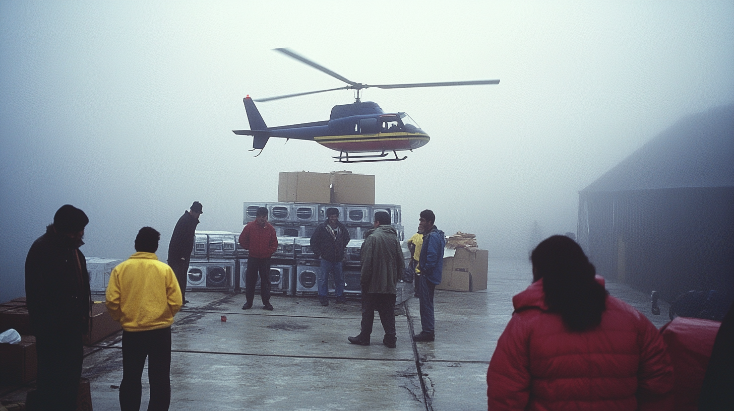 Confused film crew in 1982 shoot commercial.