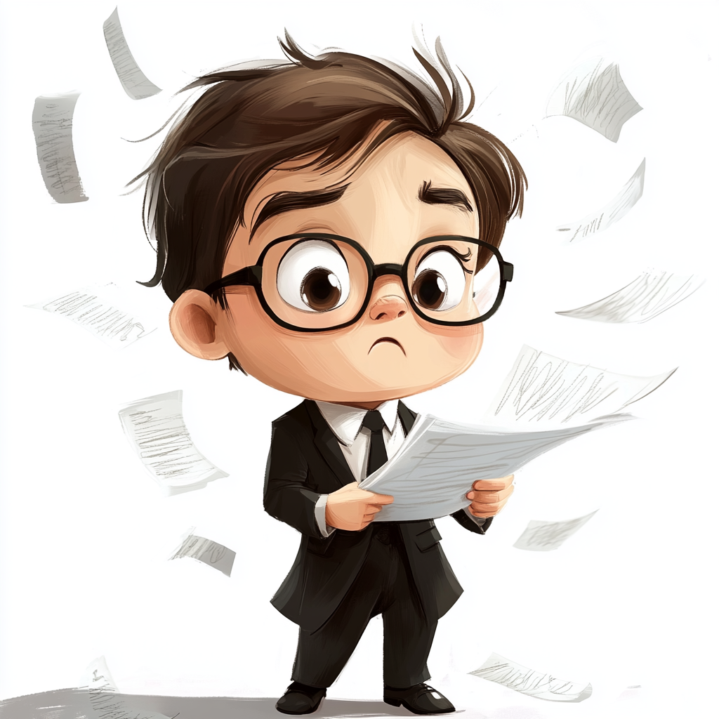 Confused kid in suit with glasses holding paper.