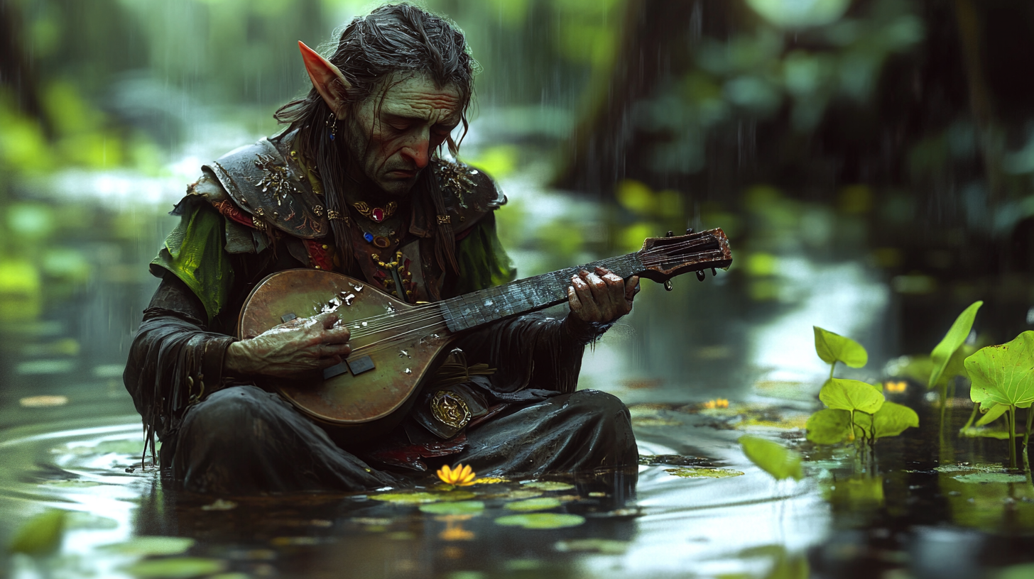 Confused male elf bard cries over broken lute