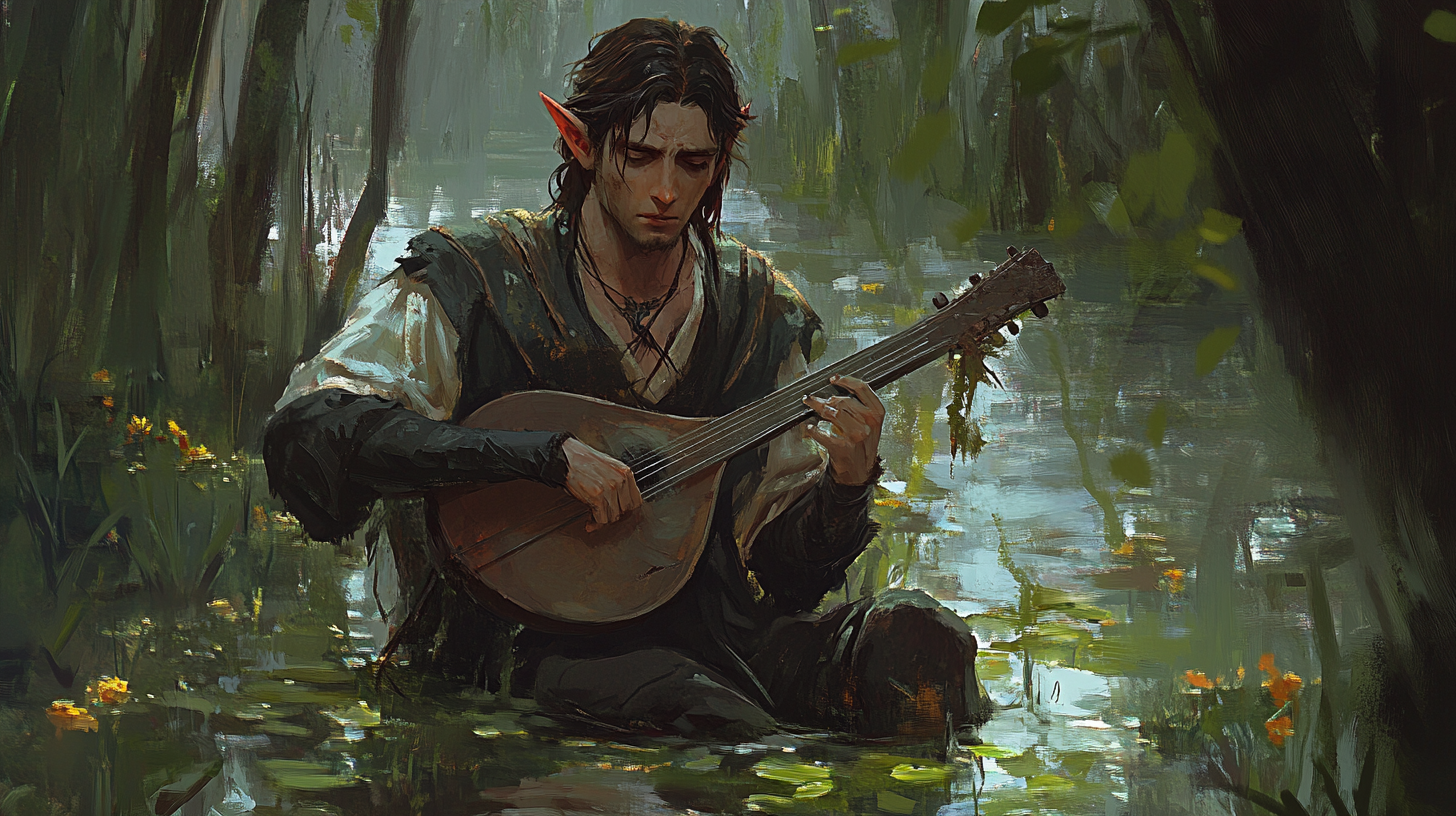 Confused male elf bard with broken lute in swamp.