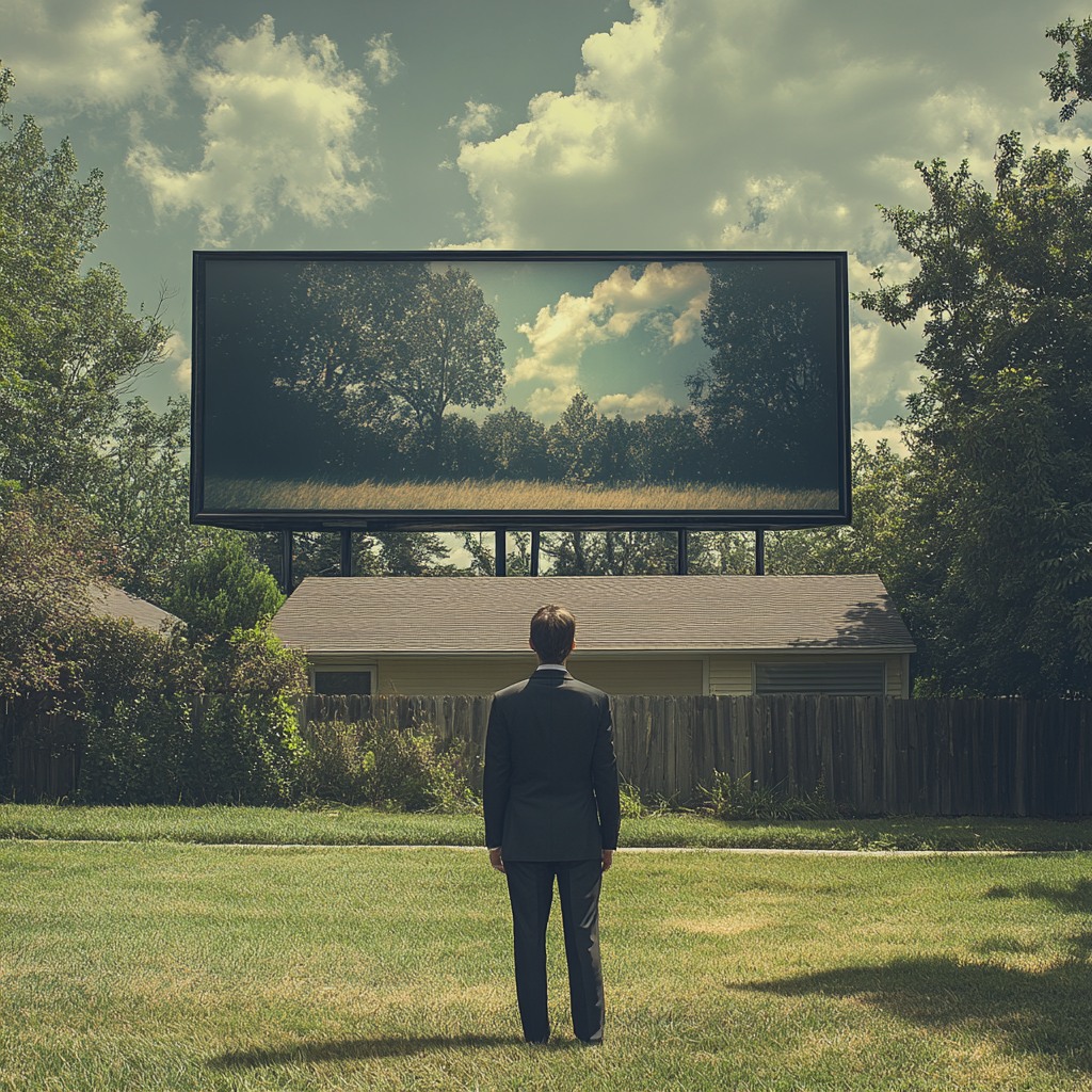 Confused man looks at neighbor's billboard, waving hello.