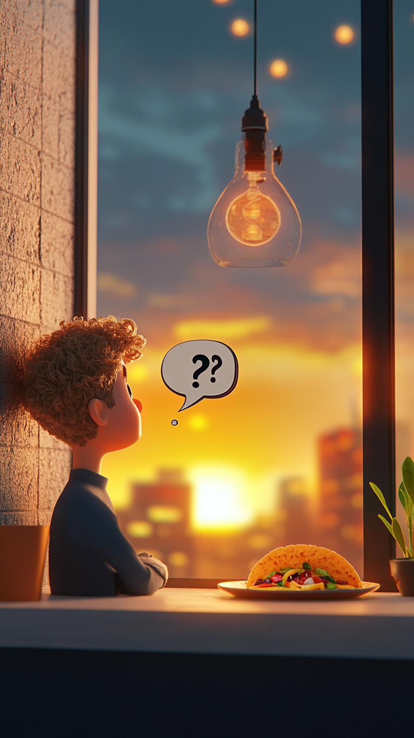 Confused person looking at empty windowsill under sunset.