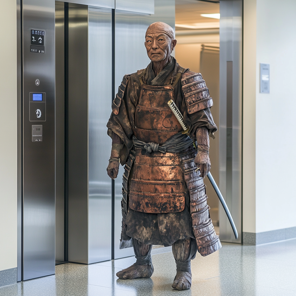 Confused samurai in hospital corridor, surrounded by modernity.