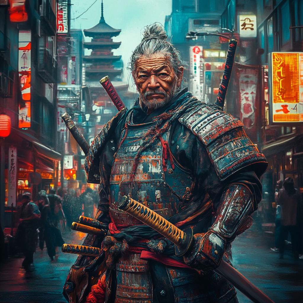 Confused samurai in modern Japan, blending old and new.