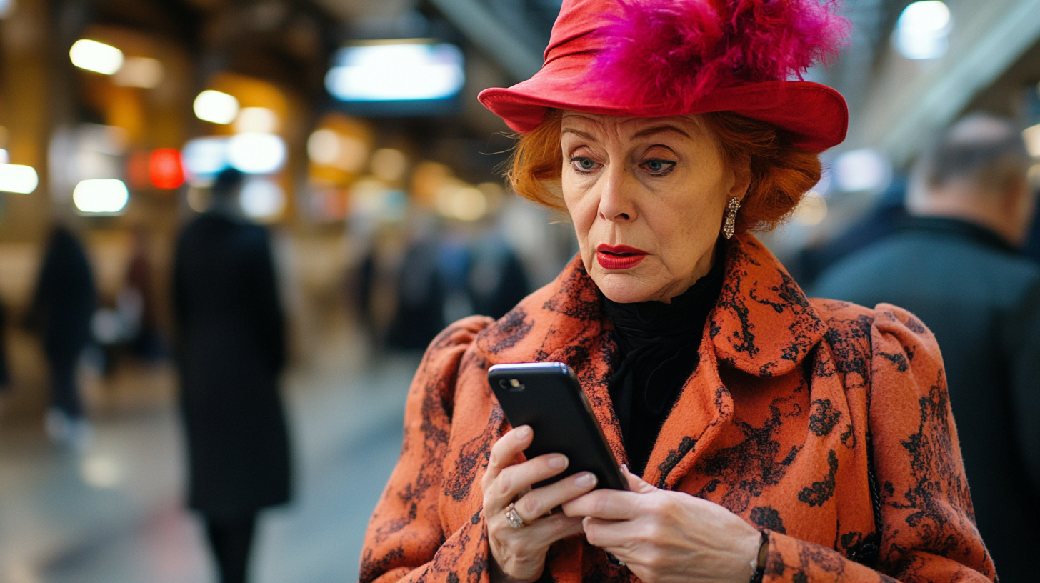 Confused woman at Paddington Station with iPhone.