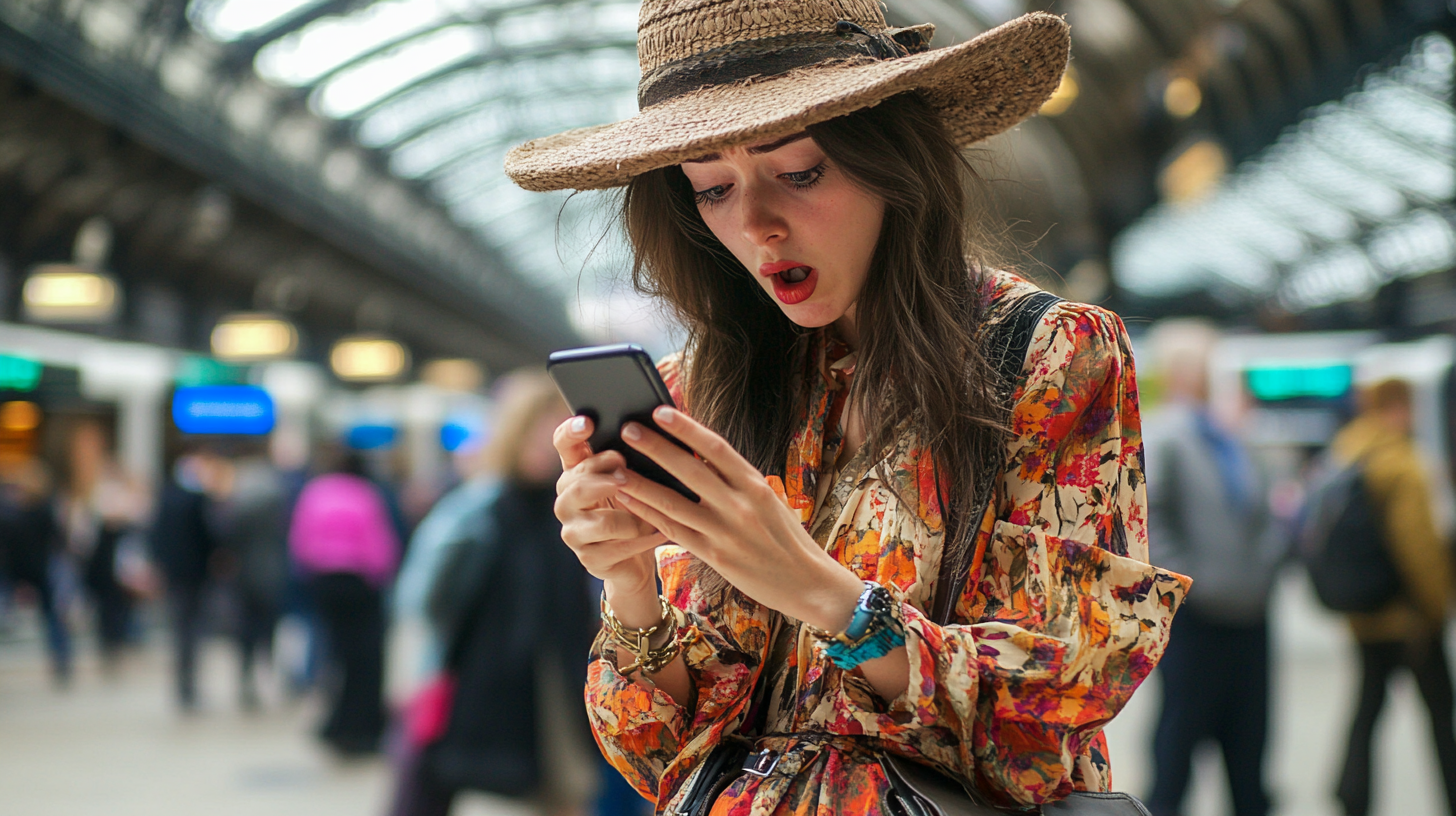 Confused woman in fashionable London train station.