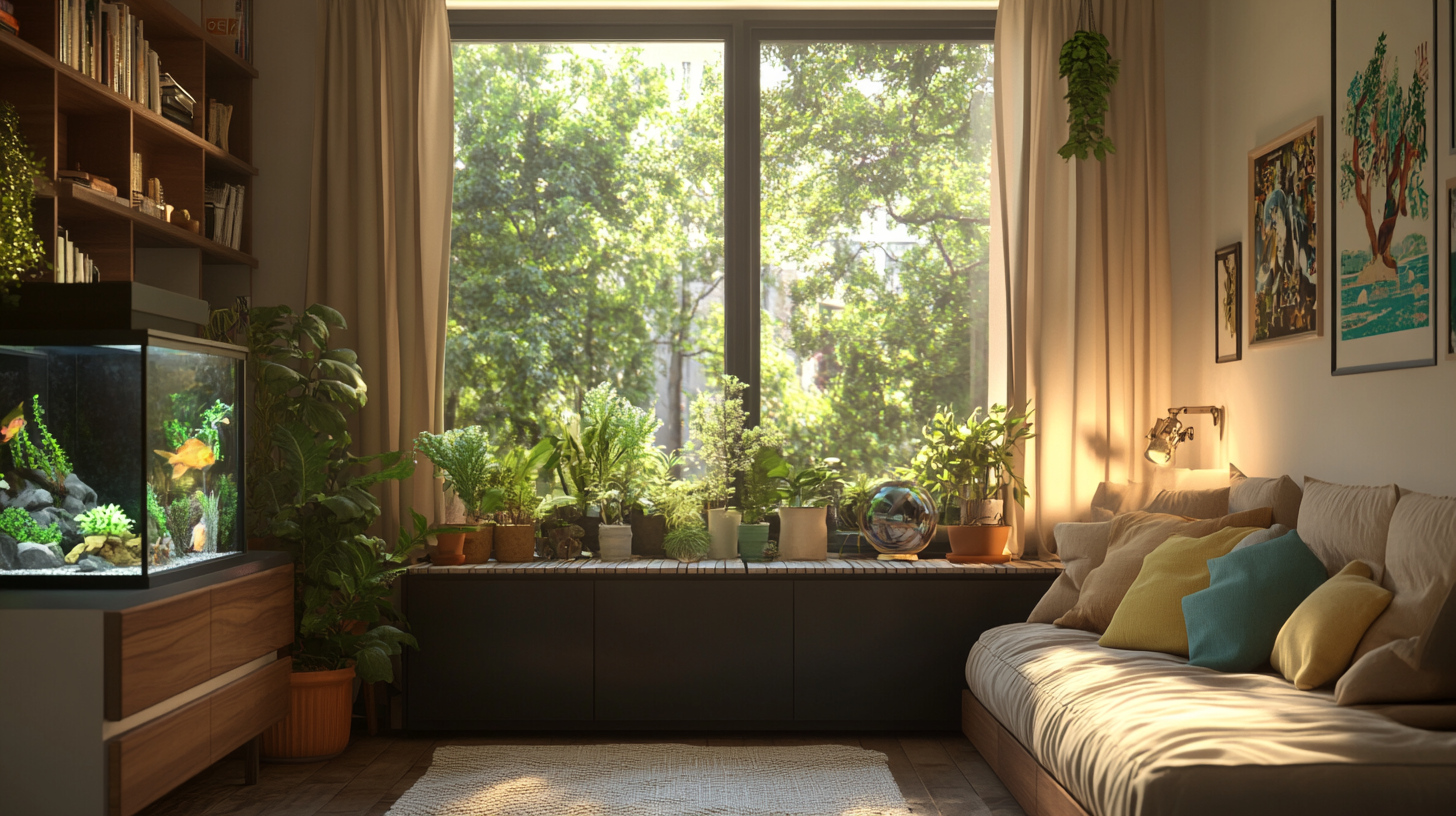 Conservatory with black window frame, cozy sofa, plants