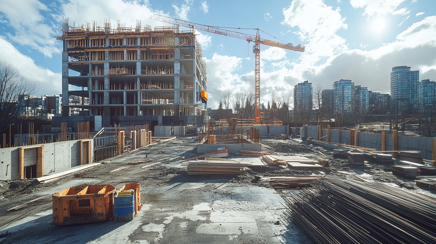 Construction site with cranes, cityscape, building materials, high resolution.