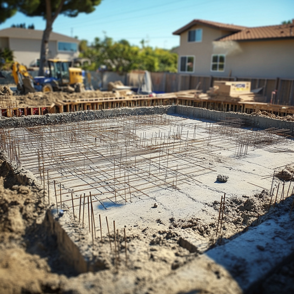 Construction site with poured concrete foundation and rebar sticking out.