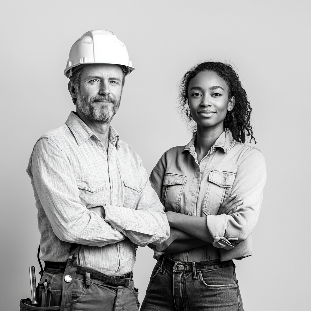 Construction team with European and African members photographed.