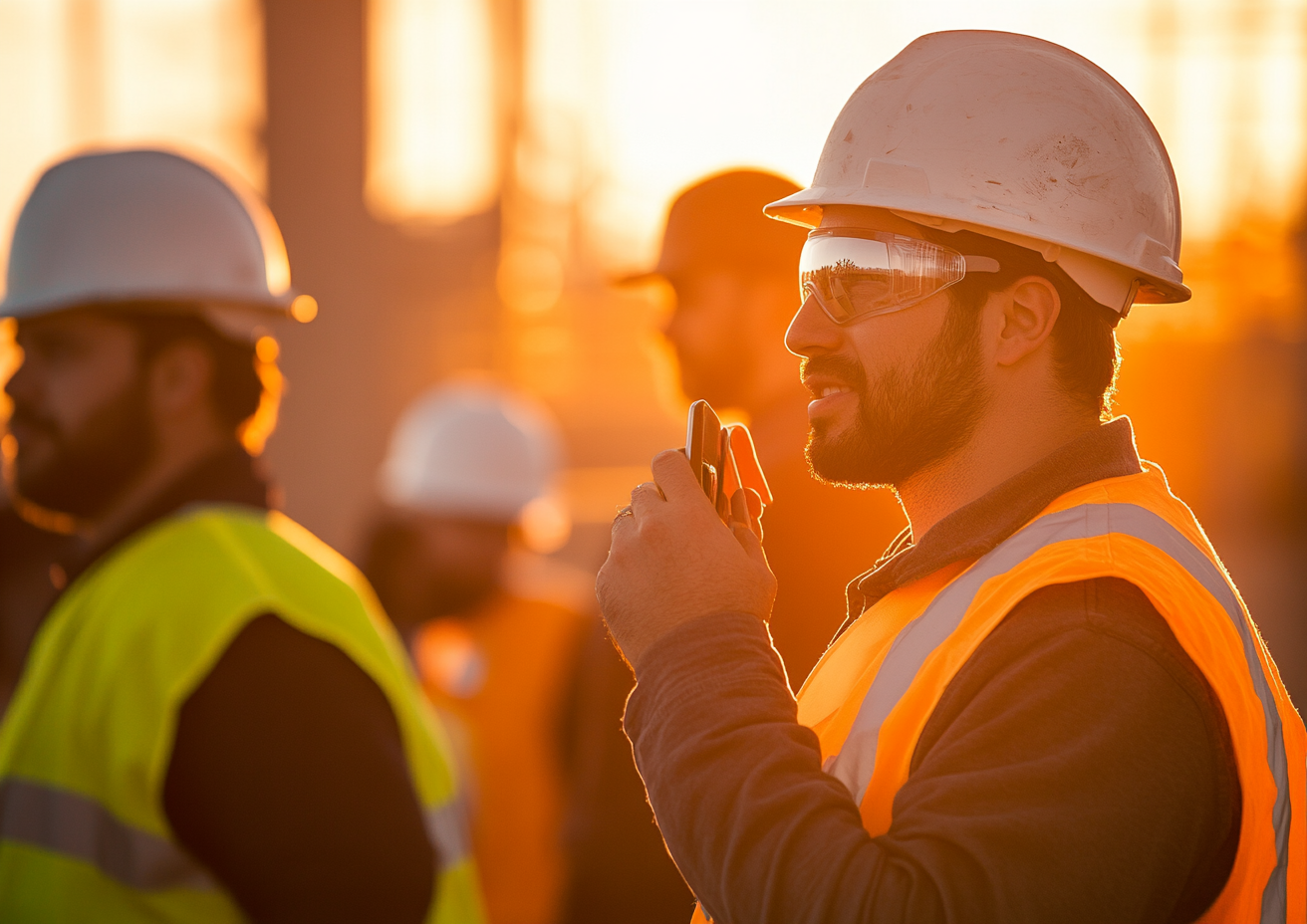 Construction workers talking to supervisor at site, golden hour.