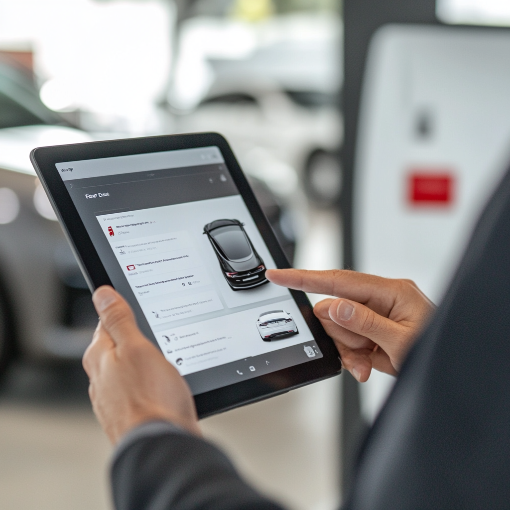 Consumer views electric vehicle details on tablet screen