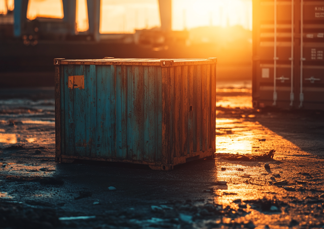 Container in harbor during sunset with dramatic lighting contrasts.