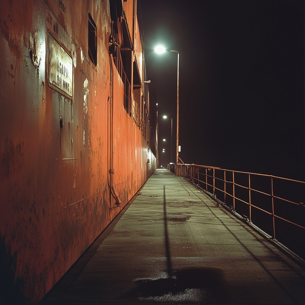 Containerschiff in Dunkelheit mit Wächter und beleuchteter Gangway.