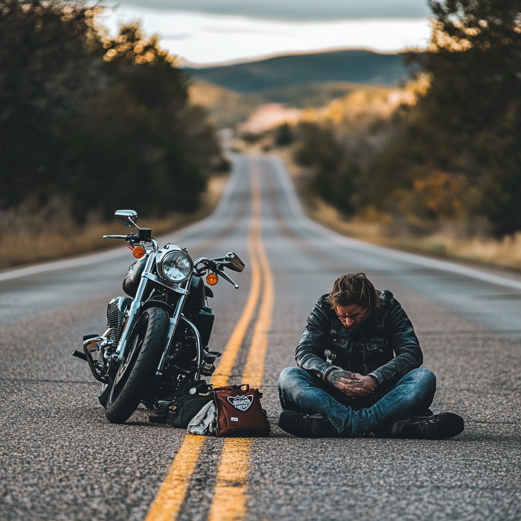 Contemplating rest or medical help after motorcycle breakdown.