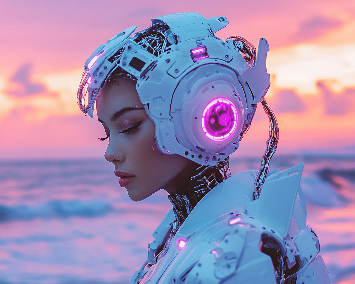 Contemplative cyborg woman by unpredictable sea