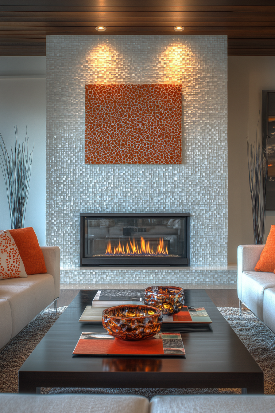 Contemporary Living Room with Vibrant Mantle Tiles