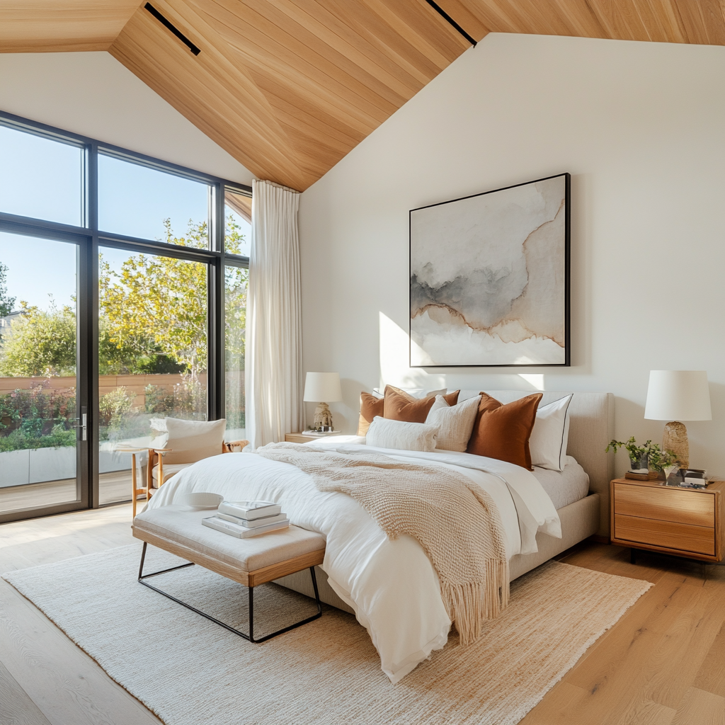 Contemporary bedroom with high ceilings centered around artwork.