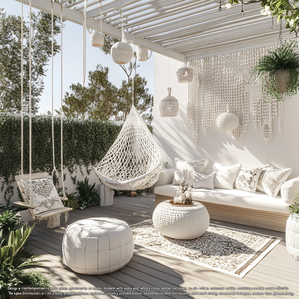 Contemporary boho-style roof garden with modern twist all-white.