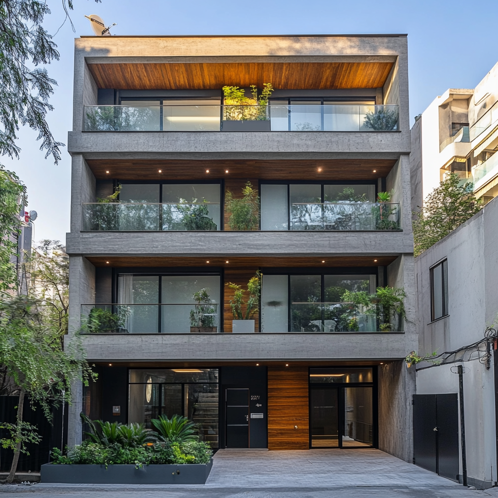 Contemporary building with 8 floors and balconies.