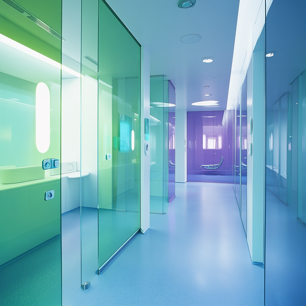 Contemporary candy-coated glass wall with medical theme