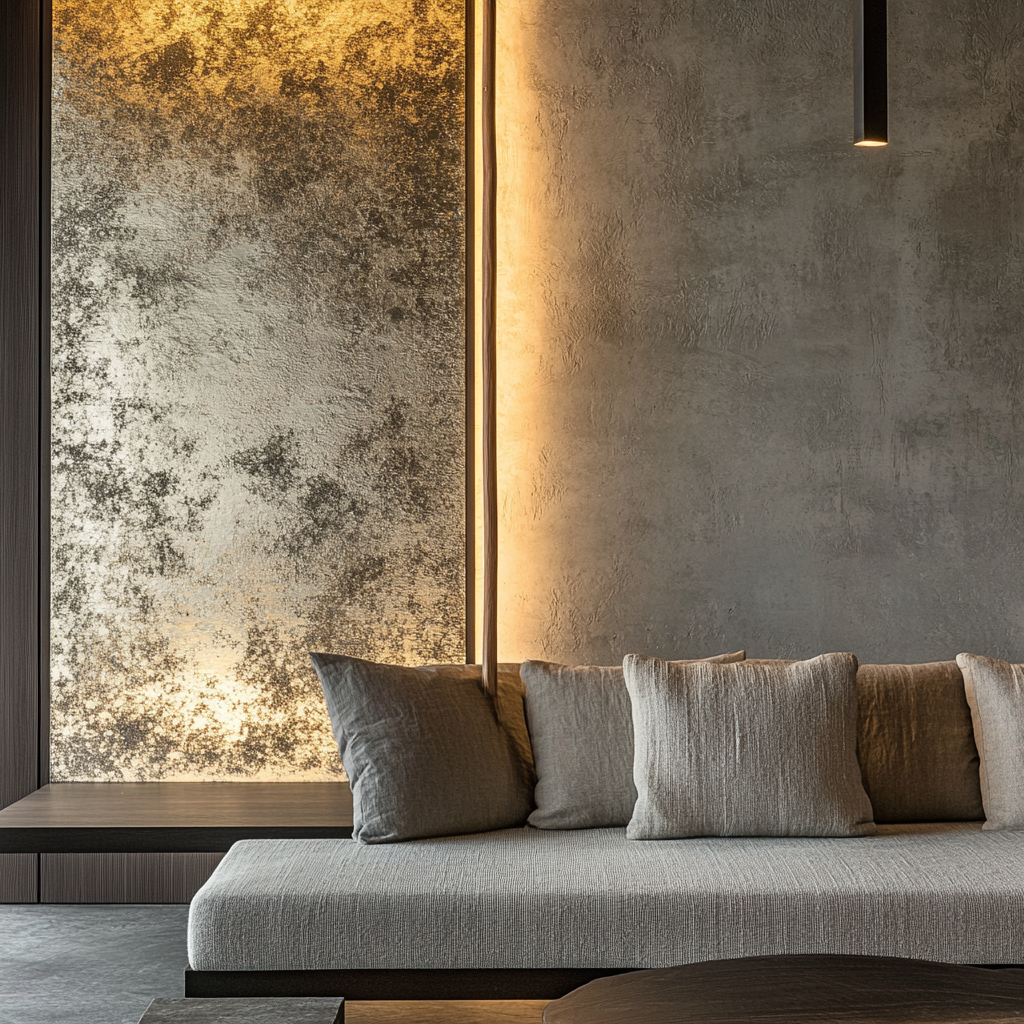 Contemporary design with Japanese inspiration, natural materials, low lighting.