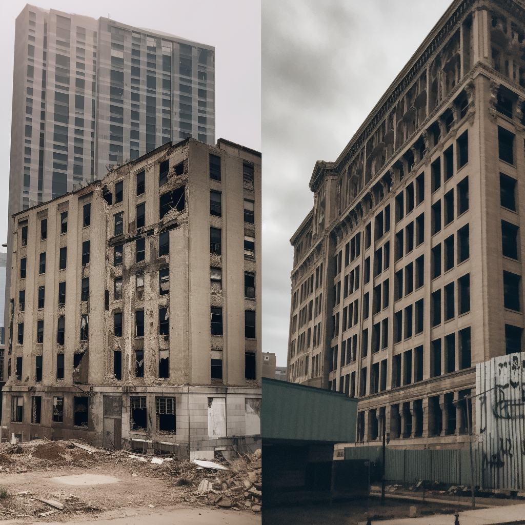 Contrast of old and new buildings, split photo