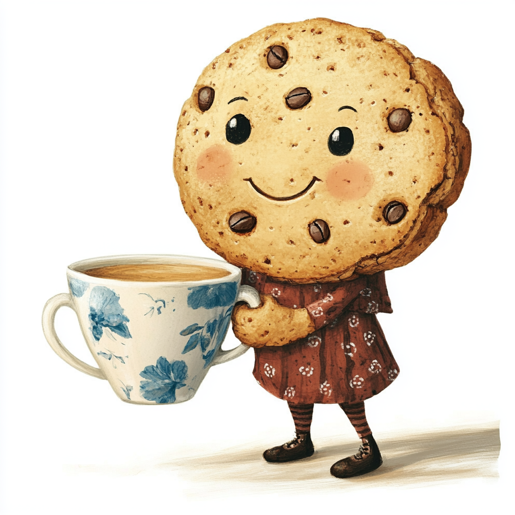 Cookie character holding coffee with warm, welcoming expression.