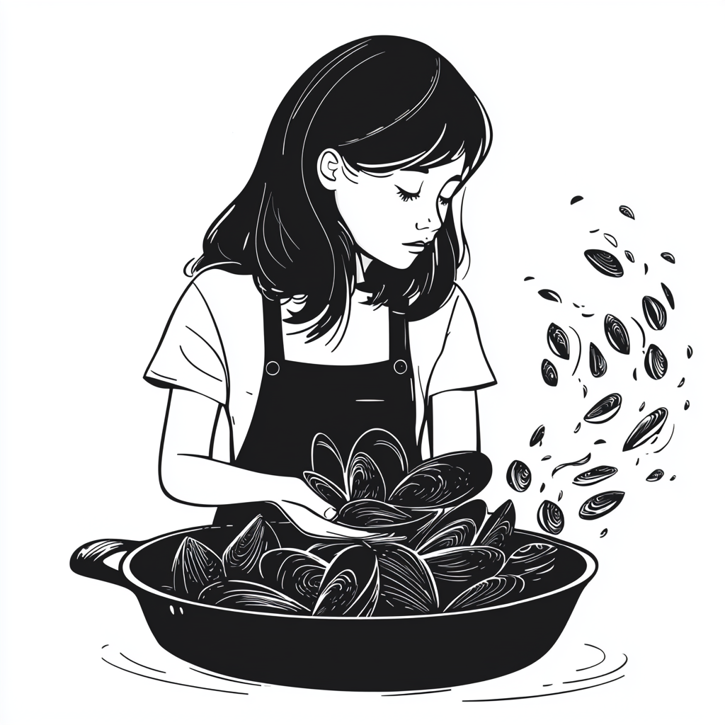 Cooking mussels in Tim Burton's style drawing.