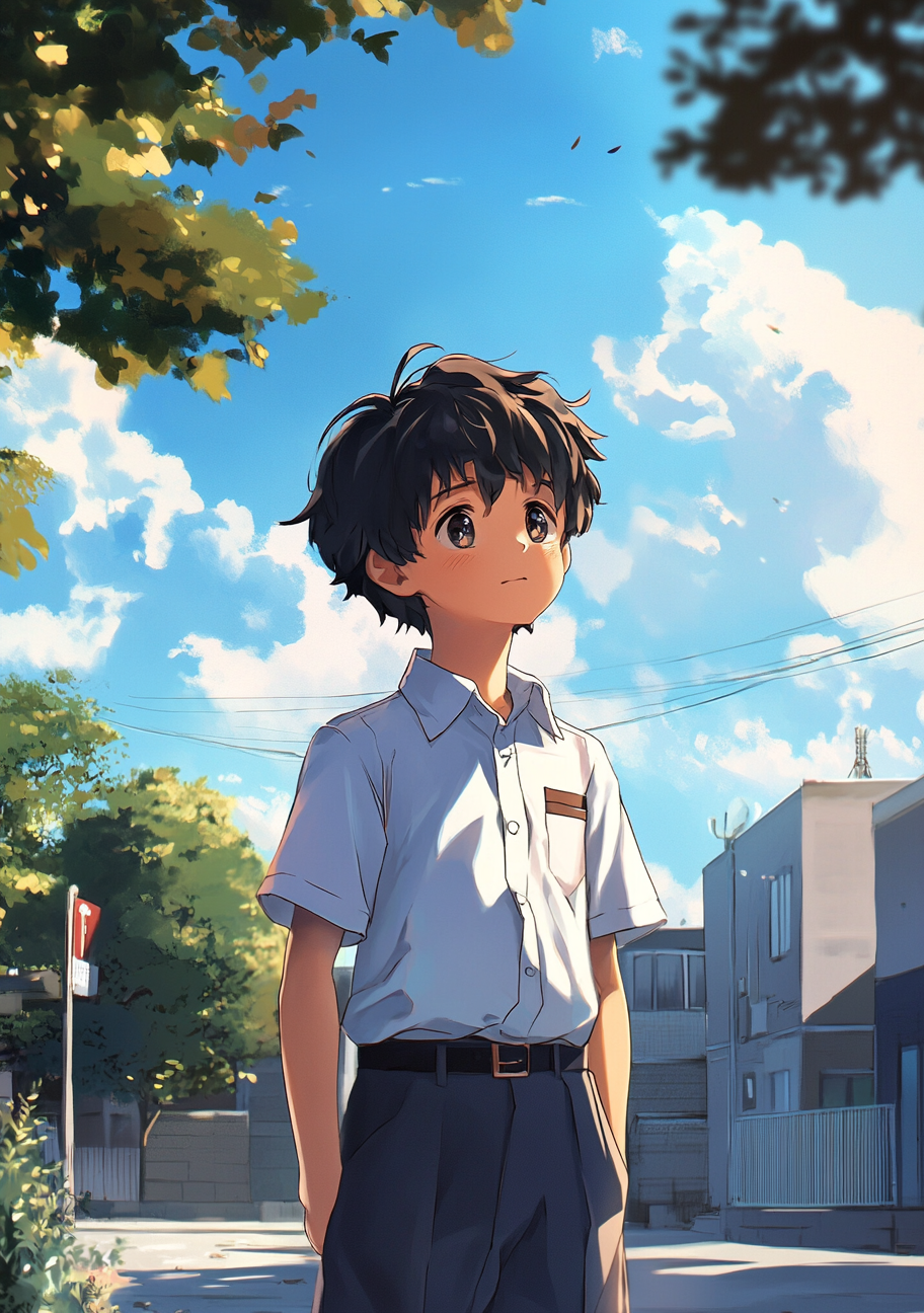 Cool, handsome boy in school uniform, Miyazaki style.