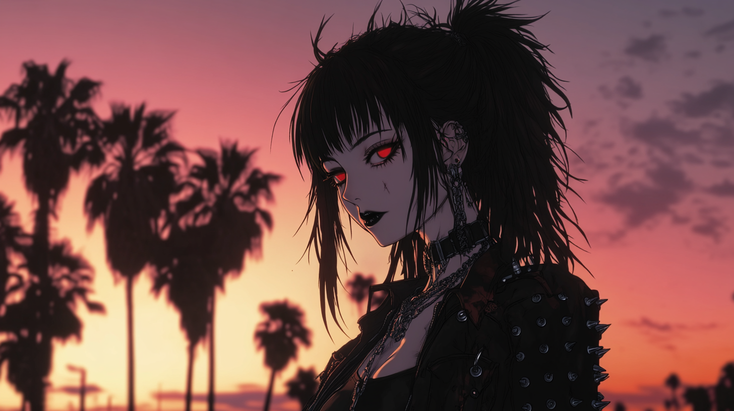 Cool Gothic Girl at Sunset with Palm Trees