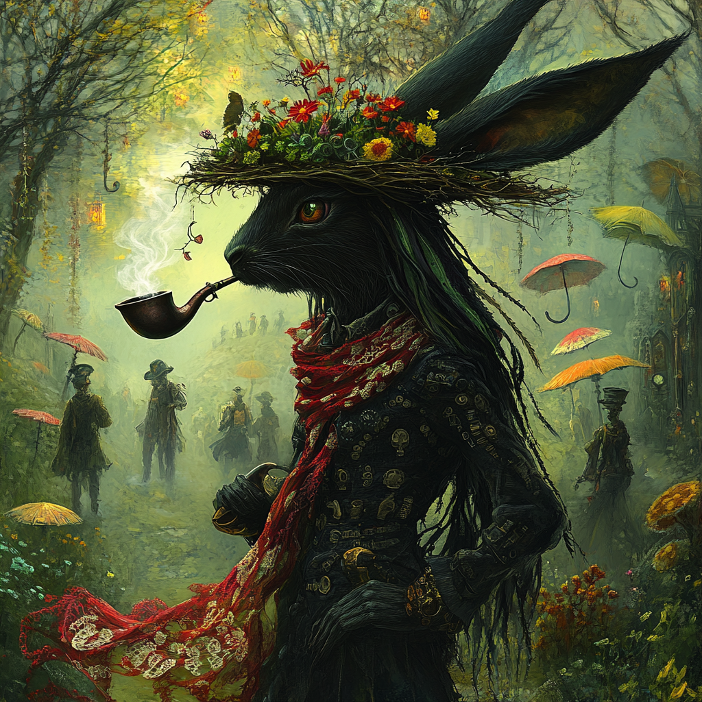 Cool Steampunk Rabbit with Pipe Walking Through Trees