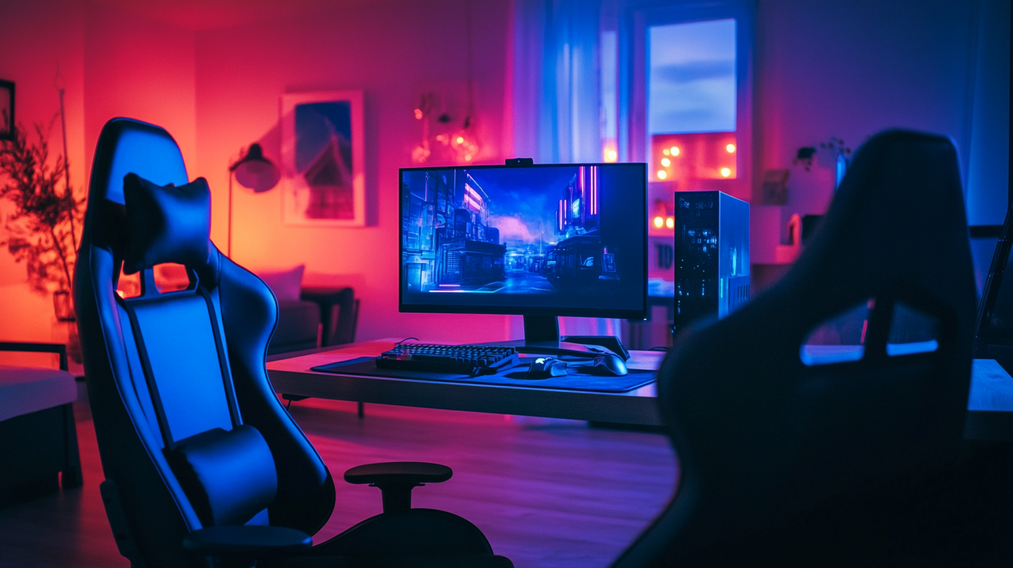 Cool gaming room with RGB lights, gaming chair.