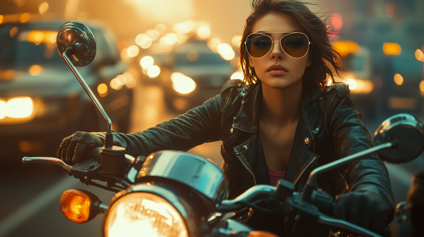 Cool girl on motorcycle, looking at camera