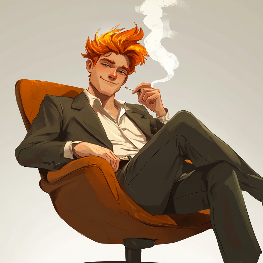 Cool guy with orange curls sitting smoking. Smiling.