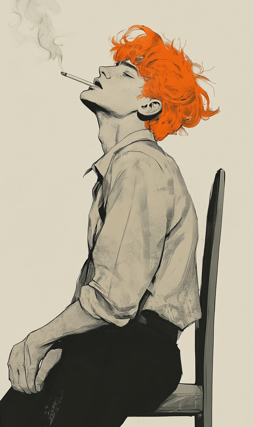 Cool man smoking cigarette, orange hair, leaning on chair.