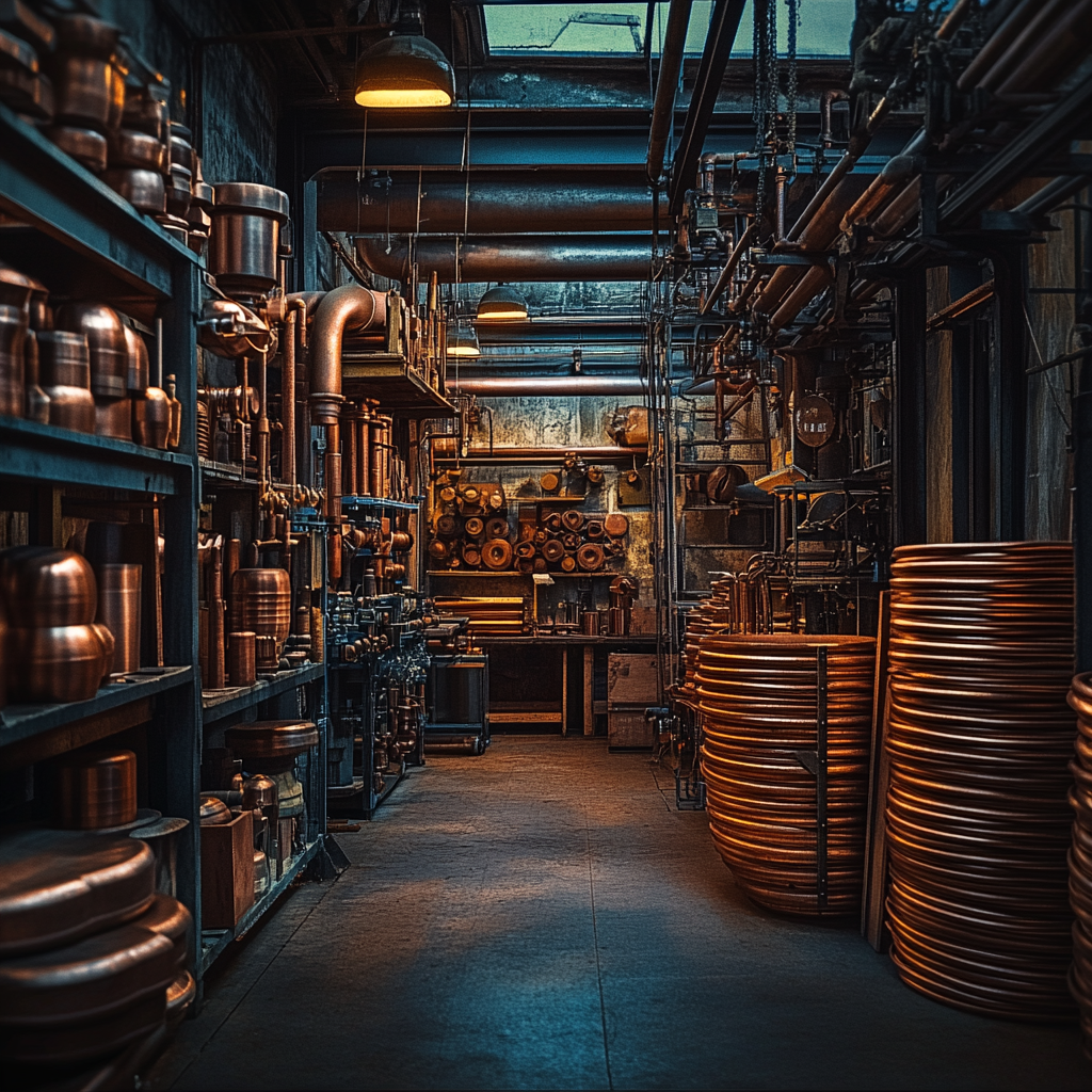 Copper Workshop with Shiny Equipment and Warm Light