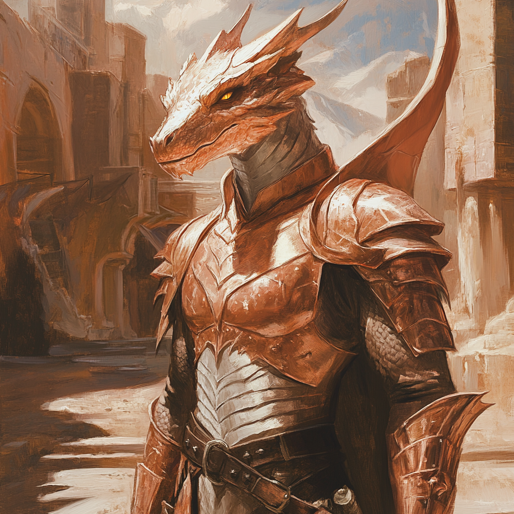 Copper dragon humanoid male in light armor art.