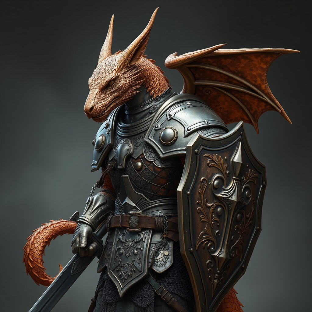 Copper dragonborn wears armor, wolf cape, sword, shield.