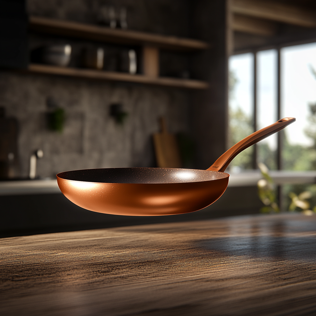 Copper frying pan floats in fancy kitchen