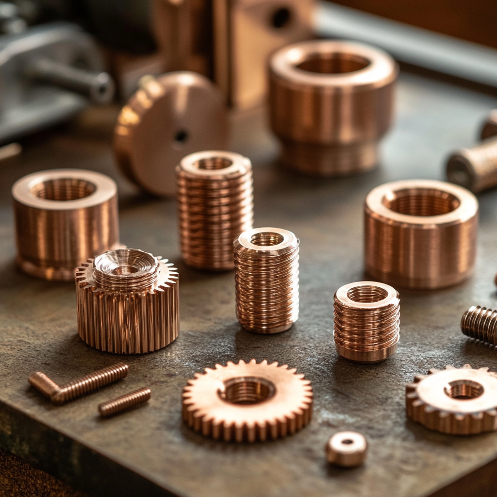 Copper gears and bolts close up with soft lighting.