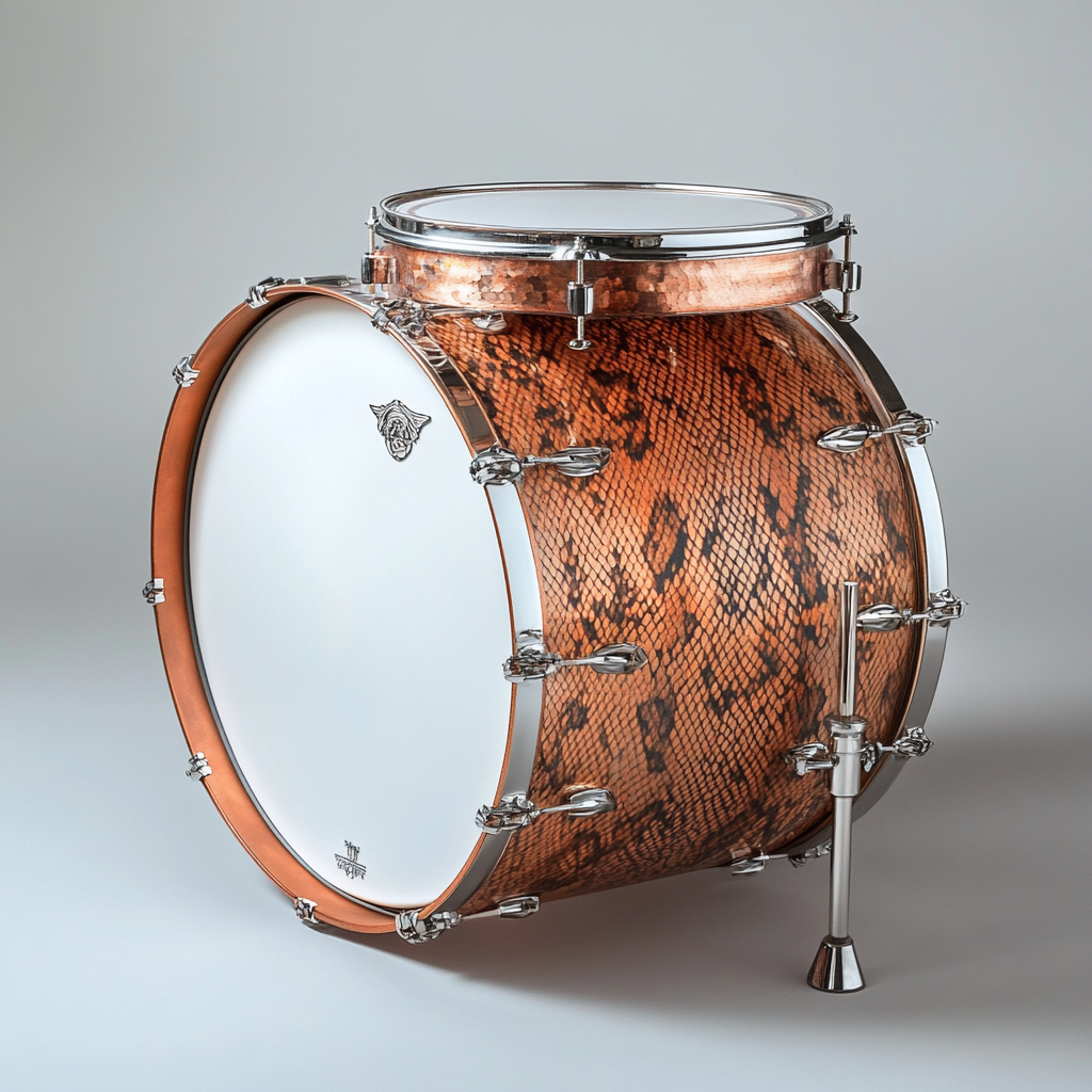 Copper kick drum with logo spot, snake skin pattern