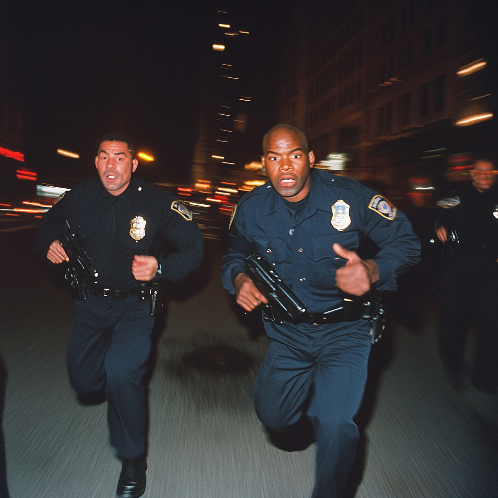 Cops chasing criminal in vintage NYC 2004 photograph.