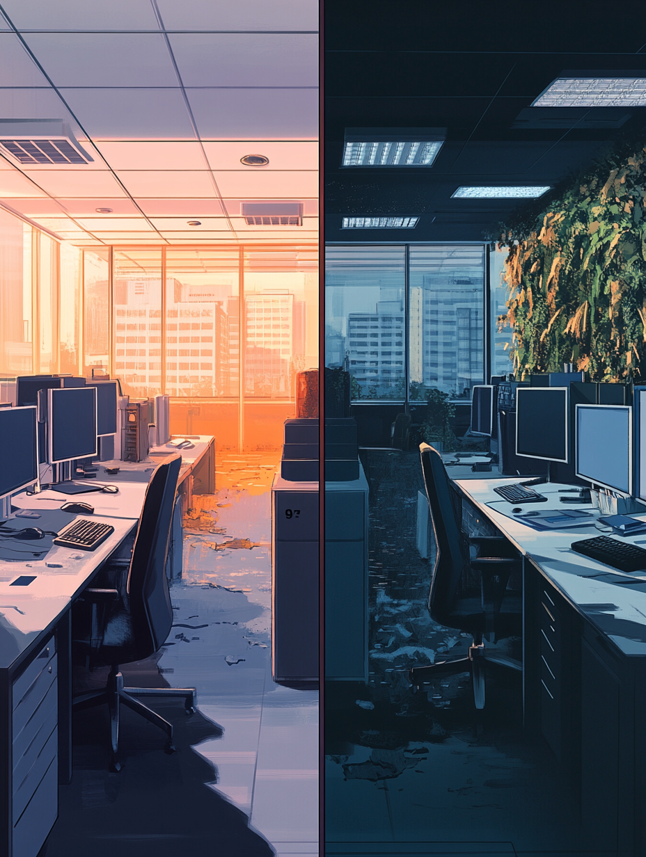 Corporate office vs abstract chaos: Maya's dilemma visualized.