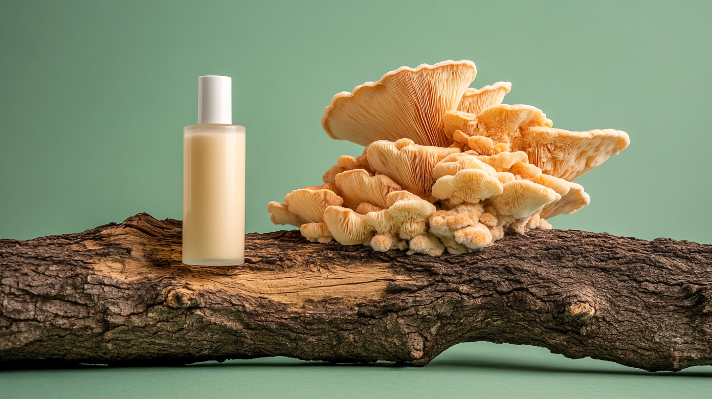 Cosmetic bottles on wood with mushrooms on green backdrop